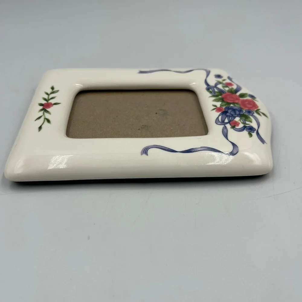 Vintage Ceramic Picture Frame White Floral Ribbon Small Tabletop Excellent